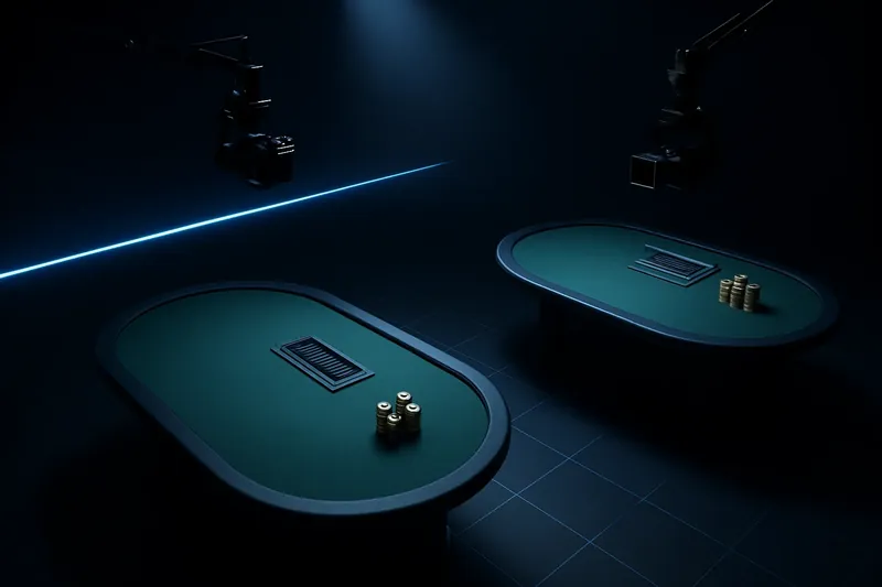 Live Casino Studio Overhead live casino studio with dealer tables, cameras, green felt