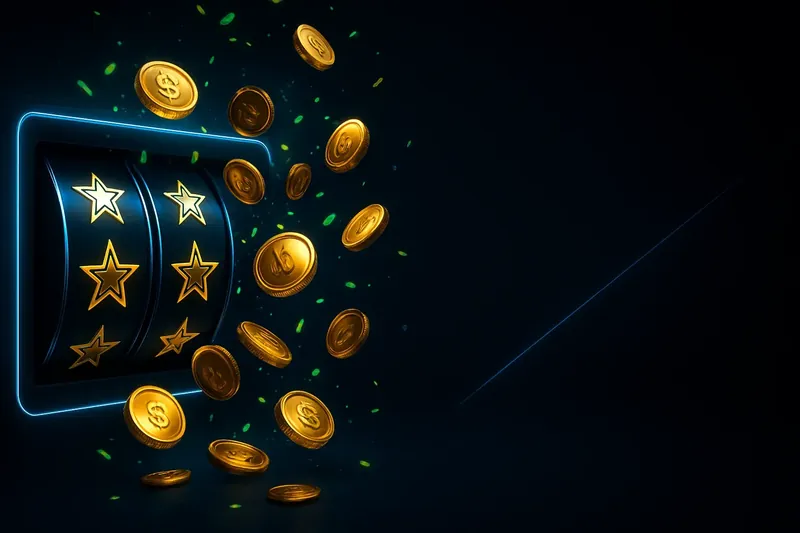 Golden coins raining over winning slot screen with stars and confetti